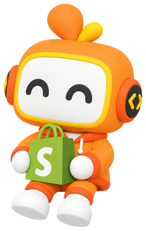 Lorenzo Mascot sitting down, holding a Shopify bag